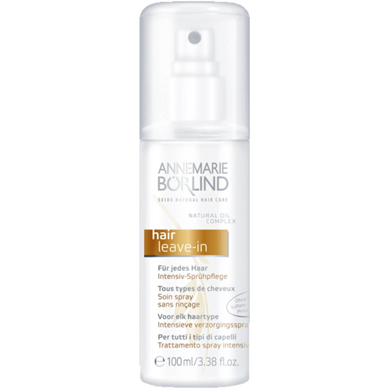 Weißes Spray mit Sprühkopf. Aufschrift: ANNEMARIE BÖRLIND, hair leave-in. Mehrsprachige Produktinformationen.