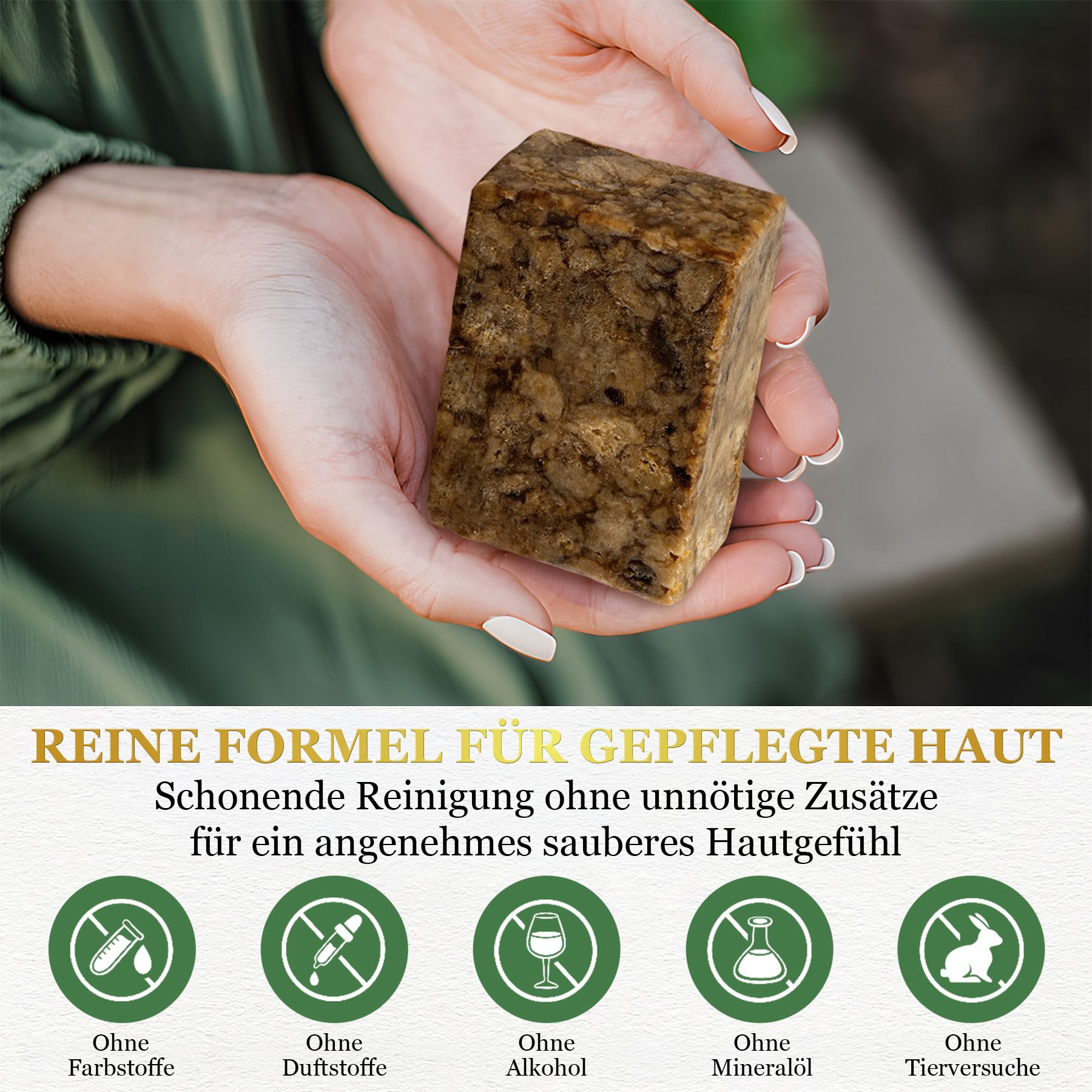 Hände halten Afrikanische Schwarze Seife, umgeben von Symbolen für Inhaltsstoffe und Tierversuchsfreiheit.