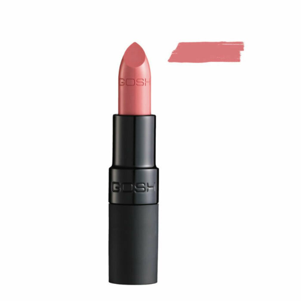 Lippenstift, rosa Farbe, schwarze Hülse. Farbmuster daneben. Marke GOSH sichtbar.