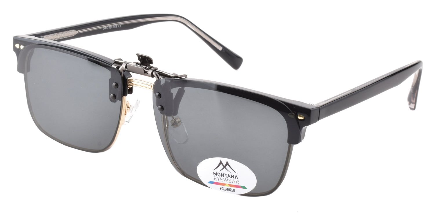 Sonnenbrille mit Clip-on-Gläsern, schwarzer Rahmen. Graue Gläser, Montana Eyewear Logo.