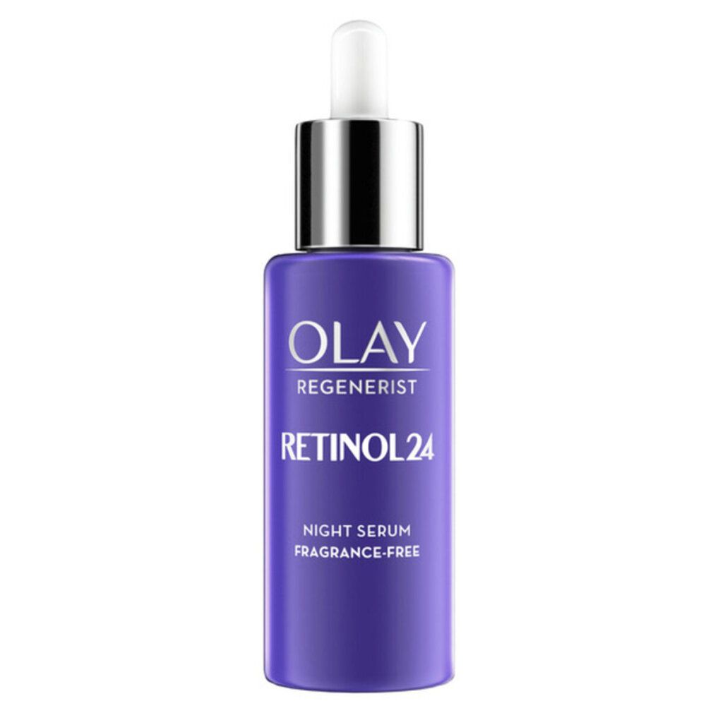 Olay Regenerist Retinol 24 Nachtserum. Violette Flasche mit silbernem Deckel und Pipette. Text: Retinol 24, Night Serum, Fragrance-Free.