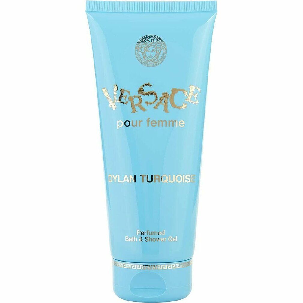 Türkisfarbene Tube mit goldfarbenem Schriftzug Versace pour femme, Dylan Turquoise. Duschgel.