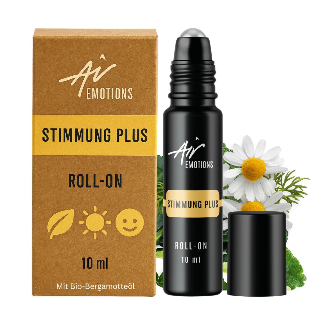 Schwarze Roll-On-Flasche mit "Stimmung Plus"-Etikett und Karton. 10 ml. Kamillenblüten.