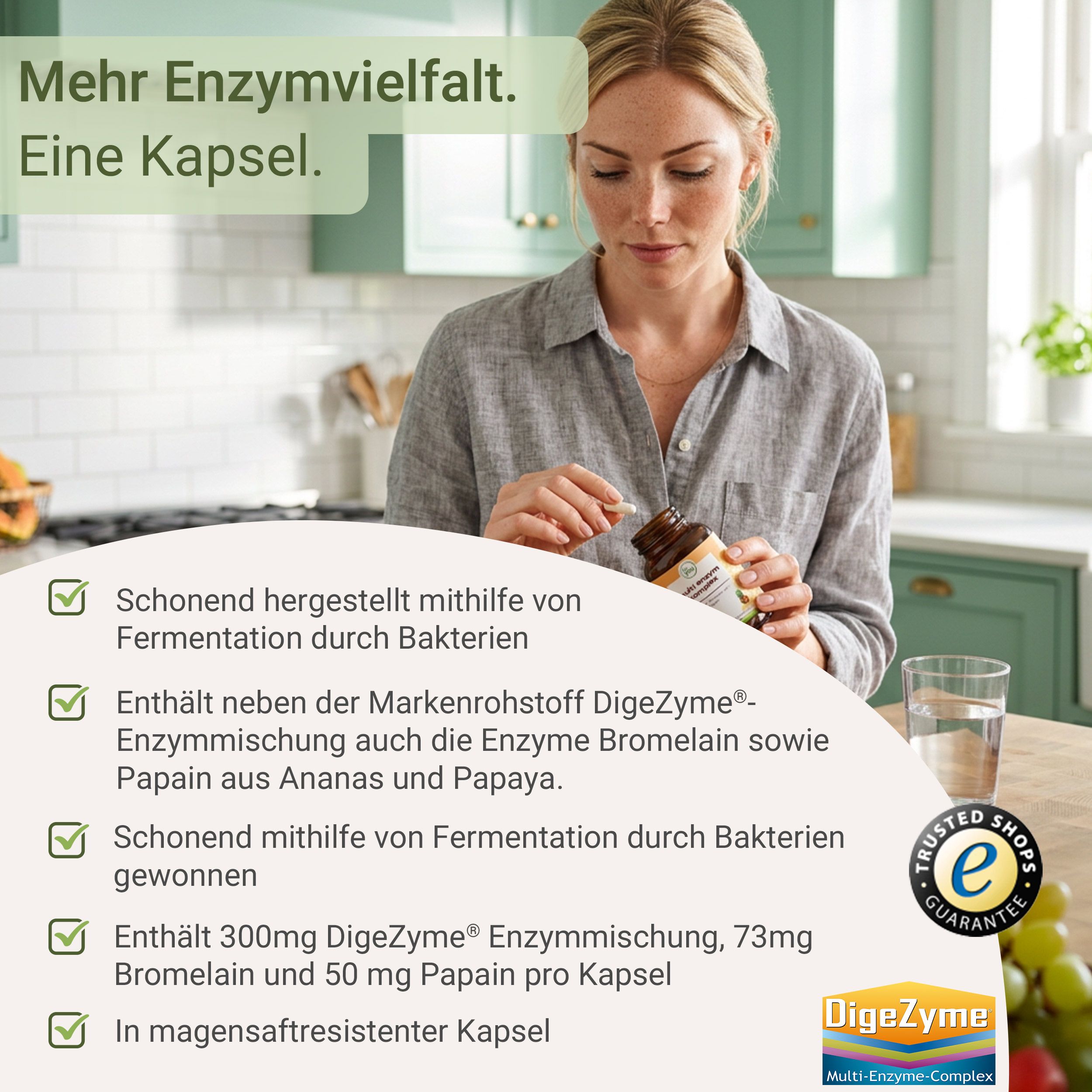 Braune Glasflasche mit Kapseln, Etikett mit 'for you multi enzym komplex'.