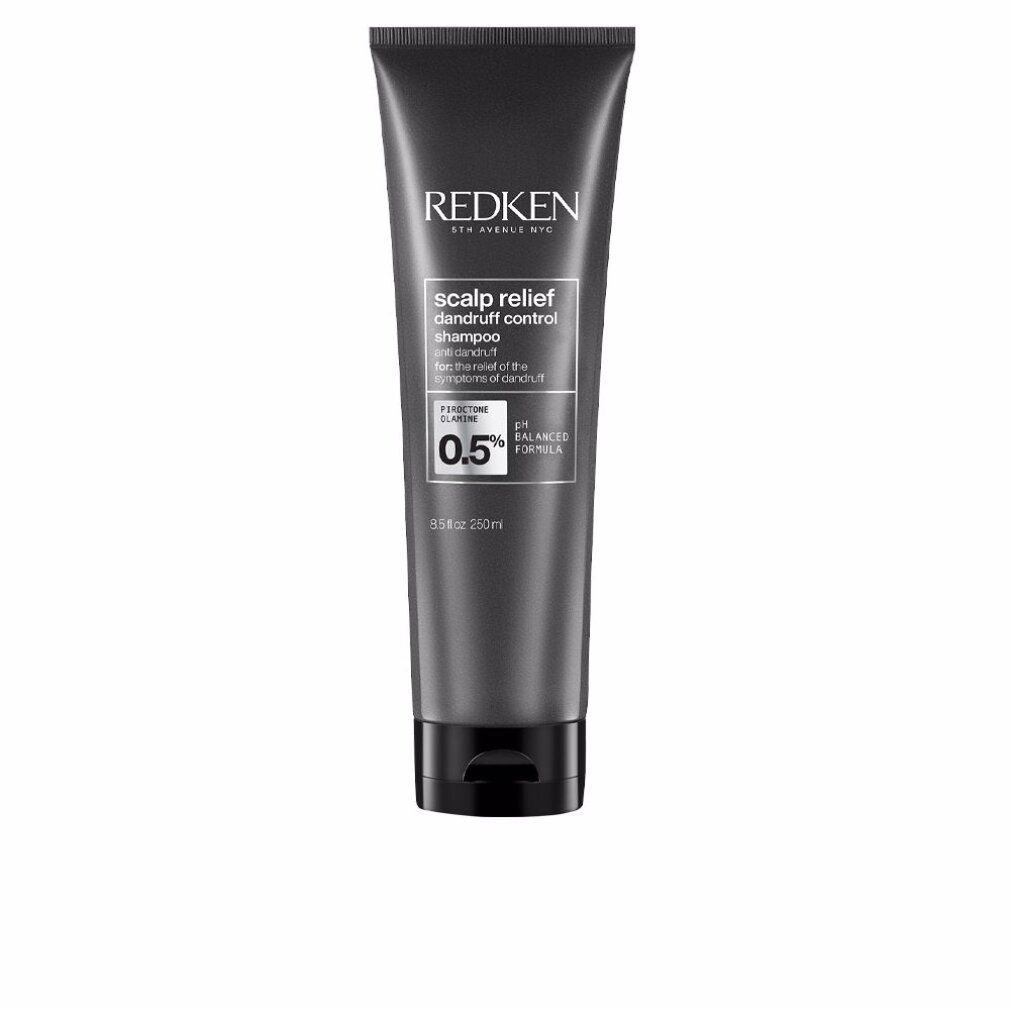 Dunkelgraue Tube mit Produktinformationen. Aufschrift: Redken, Scalp Relief, Anti-Schuppen Shampoo. 0,5%.
