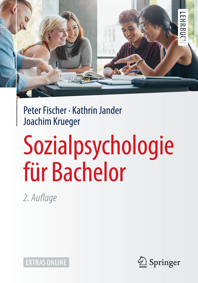 Buchcover: Sozialpsychologie für Bachelor. Autoren: Fischer, Jander, Krueger. Verlag Springer. Titel in Rot. 2. Auflage.