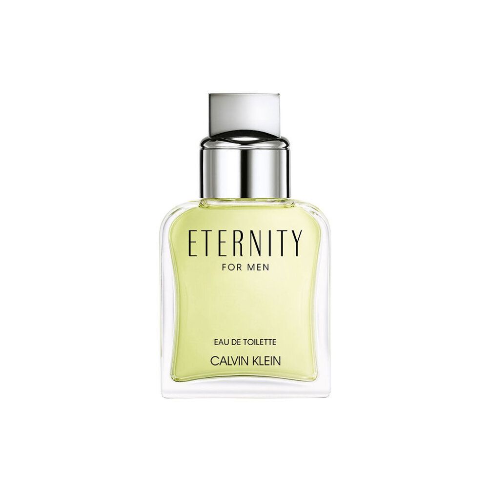 Flakon von Calvin Klein ETERNITY for Men. Eckiger Flakon, grüne Flüssigkeit, silberner Verschluss. Text: ETERNITY for men.
