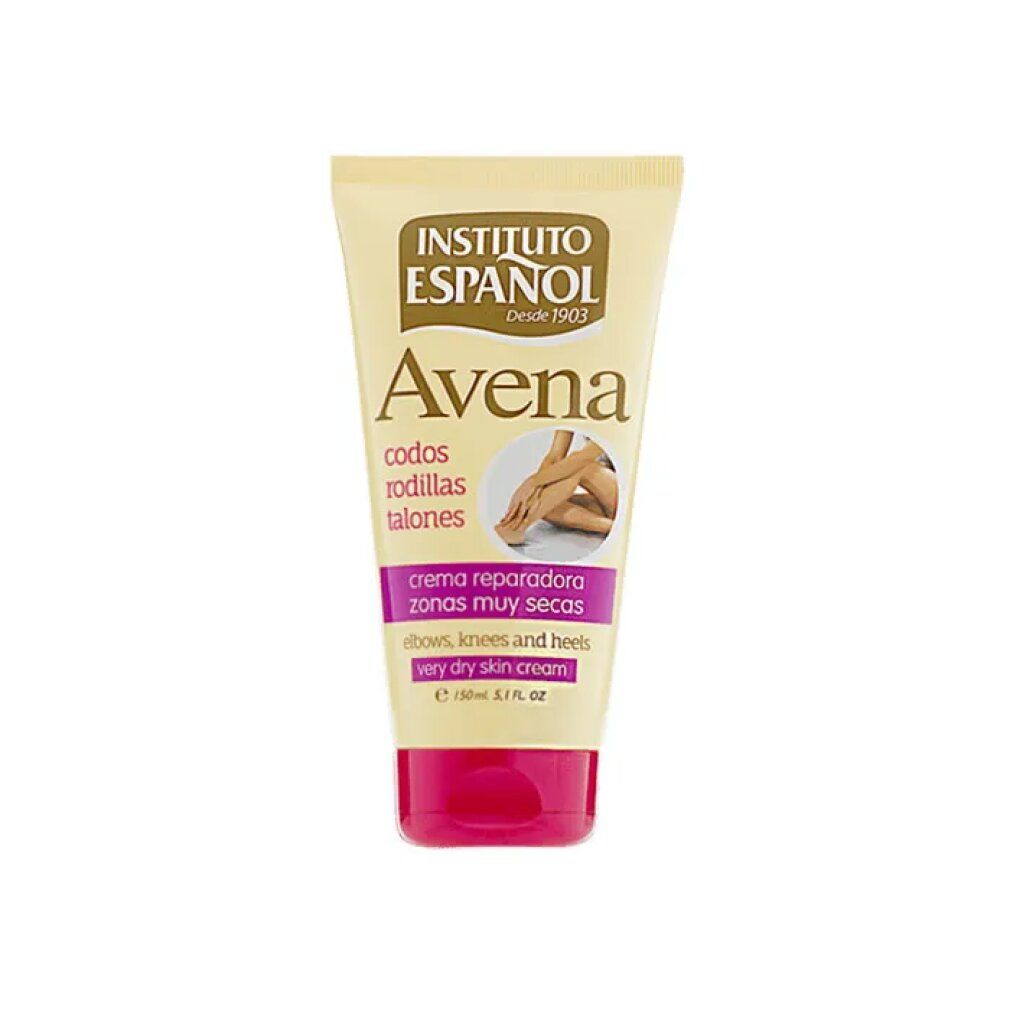 Creme-Tube INSTITUTO ESPANOL Avena. Gelb und rosa. Text für Ellenbogen, Knie und Fersen. Sehr trockene Haut. 150ml.