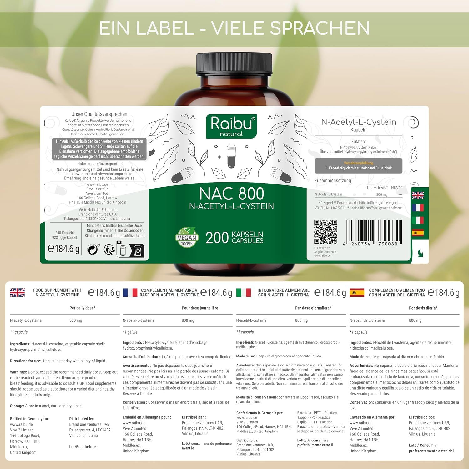 Raibu NAC 800 (N-Acetyl L-Cystein) 200 St Kapseln