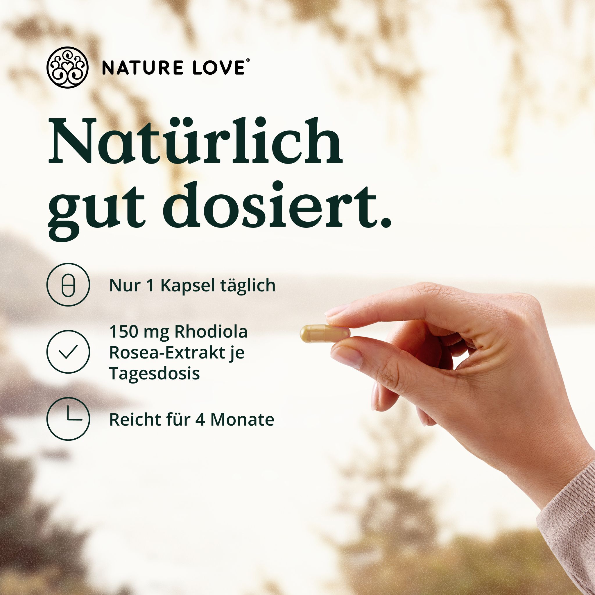 NATURE LOVE® Glück Rhodiola Rosea-Extrakt, L-Tryptophan, Rosenwurz- und Grünteeextrakt – 120 Kapseln