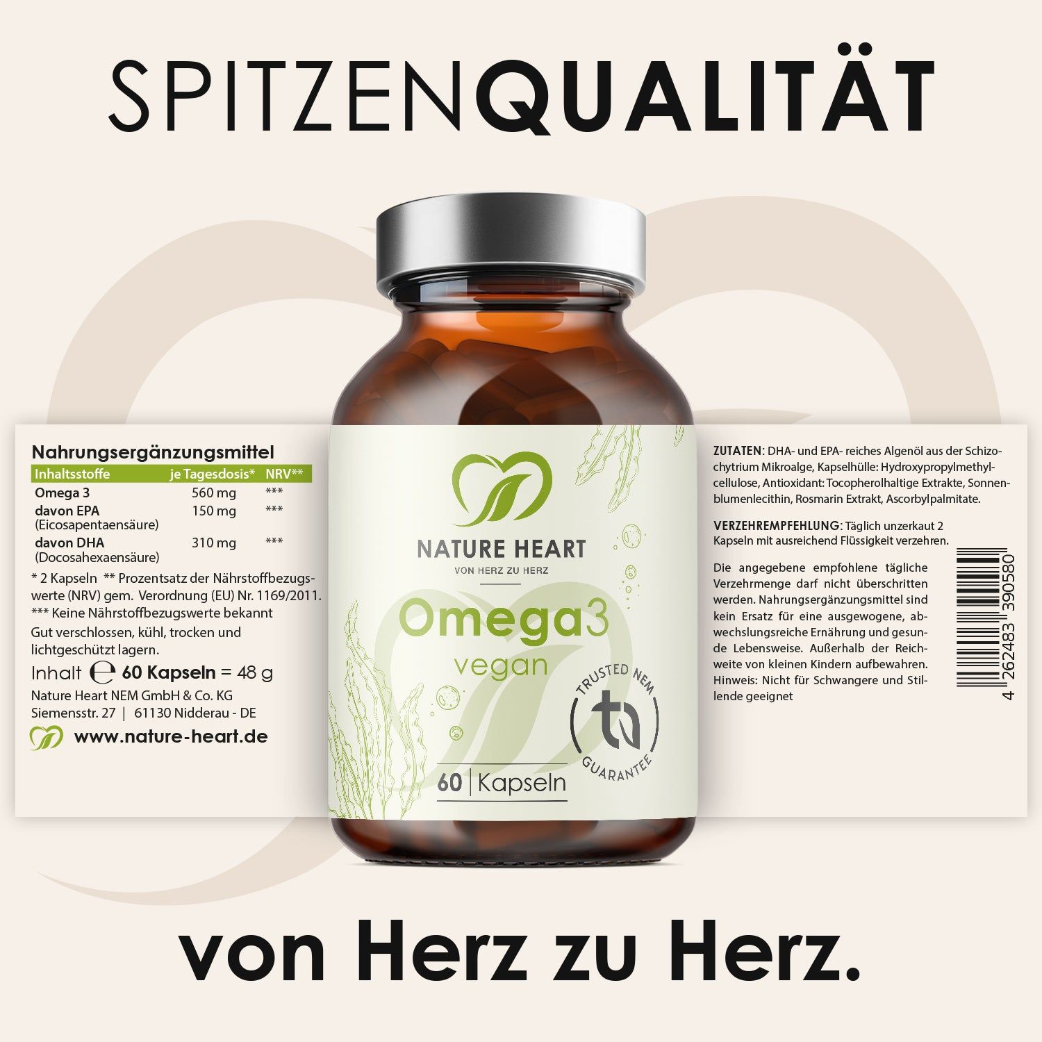Braune Glasflasche mit Omega 3 vegan Kapseln. Aufschrift: Nature Heart, 60 Kapseln, Trusted NEM Guarantee. Text: Inhaltsstoffe, Verzehrempfehlung.