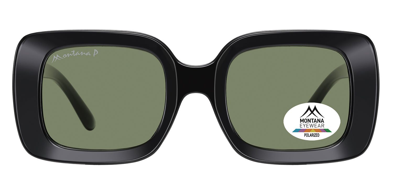 Schwarze Sonnenbrille mit quadratischen Gläsern. Montana Eyewear Logo und Polarized-Aufkleber. Grüne Gläser.