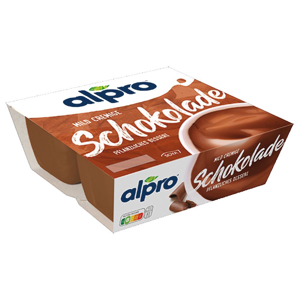Alpro Schokolade Dessert, Doppelpackung. Braune Dessertbecher mit Aufschrift 'Schokolade'. Marke Alpro.
