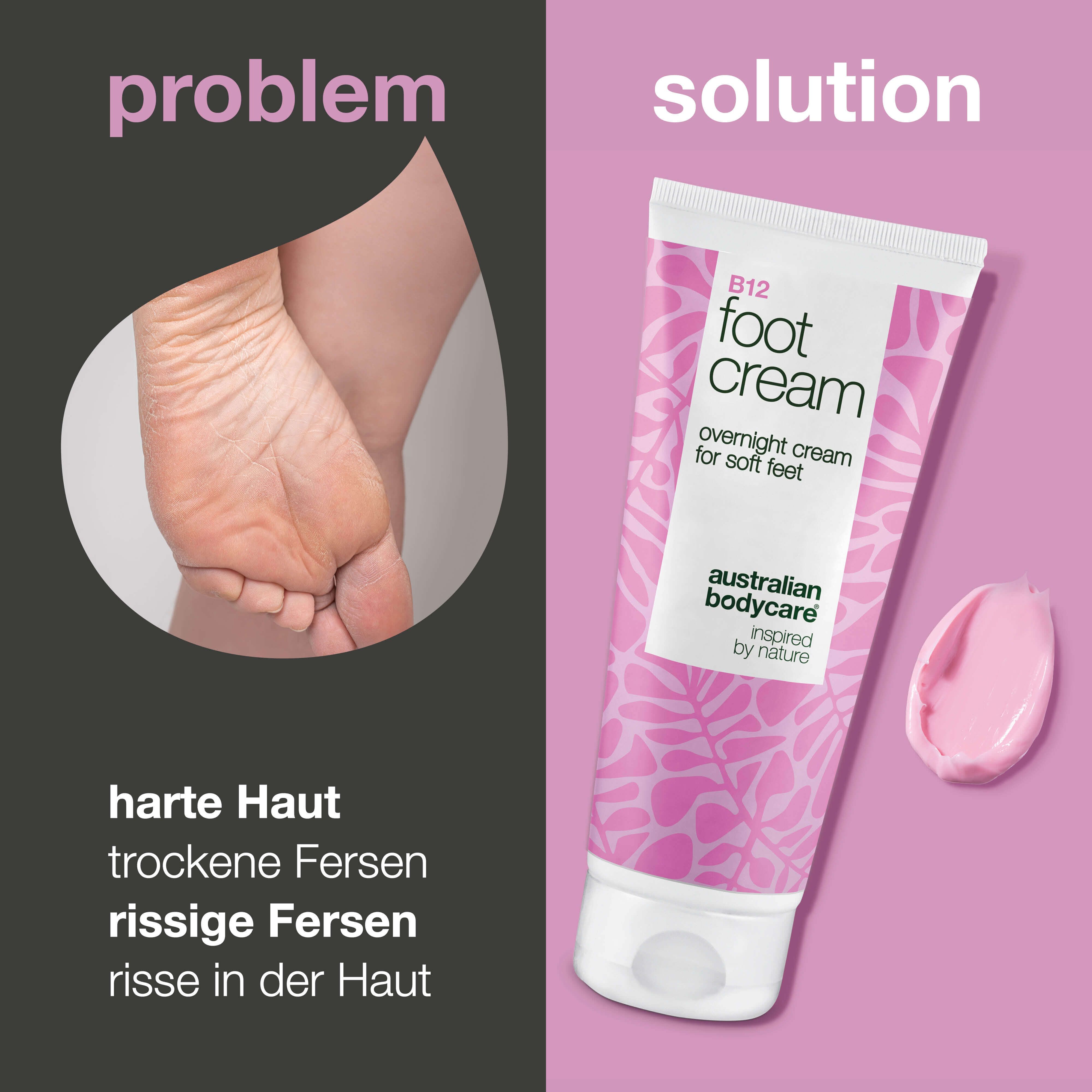 Problem: harte Haut. Lösung: Tube B12 Foot Cream, rosa Creme. Text: Australian Bodycare, overnight cream for soft feet.