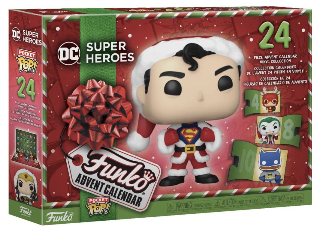 Adventskalender mit Superman-Figur in Weihnachtskleidung. Enthält 24 Vinylfiguren. Verpackung mit DC Comics Logo und Funko-Logo.