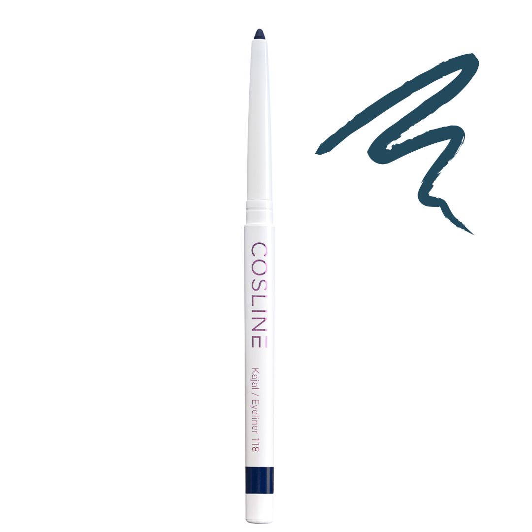 Weißer Kajal-Eyeliner von Cosline, dunkelblau. Aufschrift: Kajal/Eyeliner 118. Ein Strich des Eyeliners.