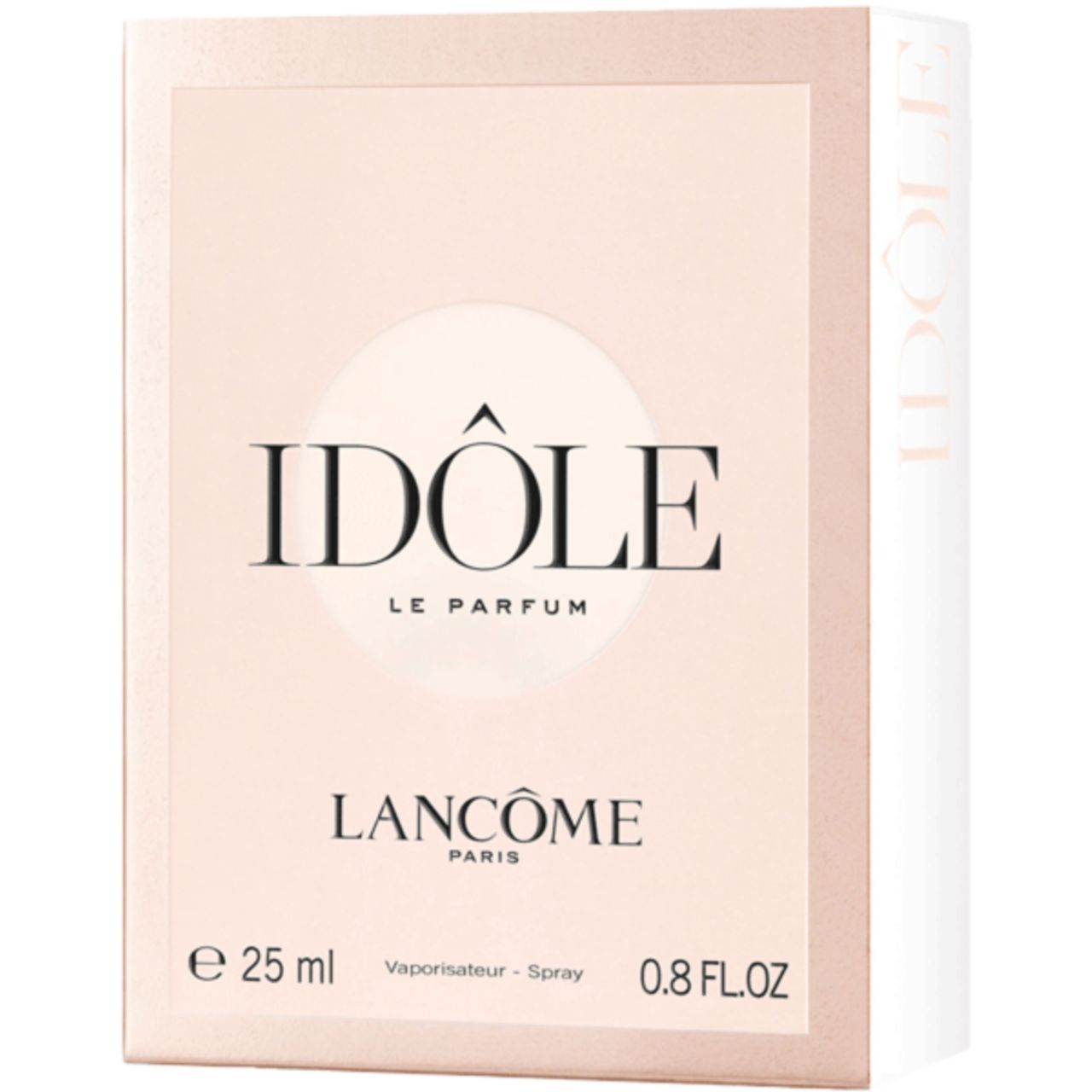 Verpackung mit dem Schriftzug IDÔLE. Darunter steht LE PARFUM und LANCÔME PARIS. 25 ml, Vaporisateur-Spray, 0.8 FL.OZ.