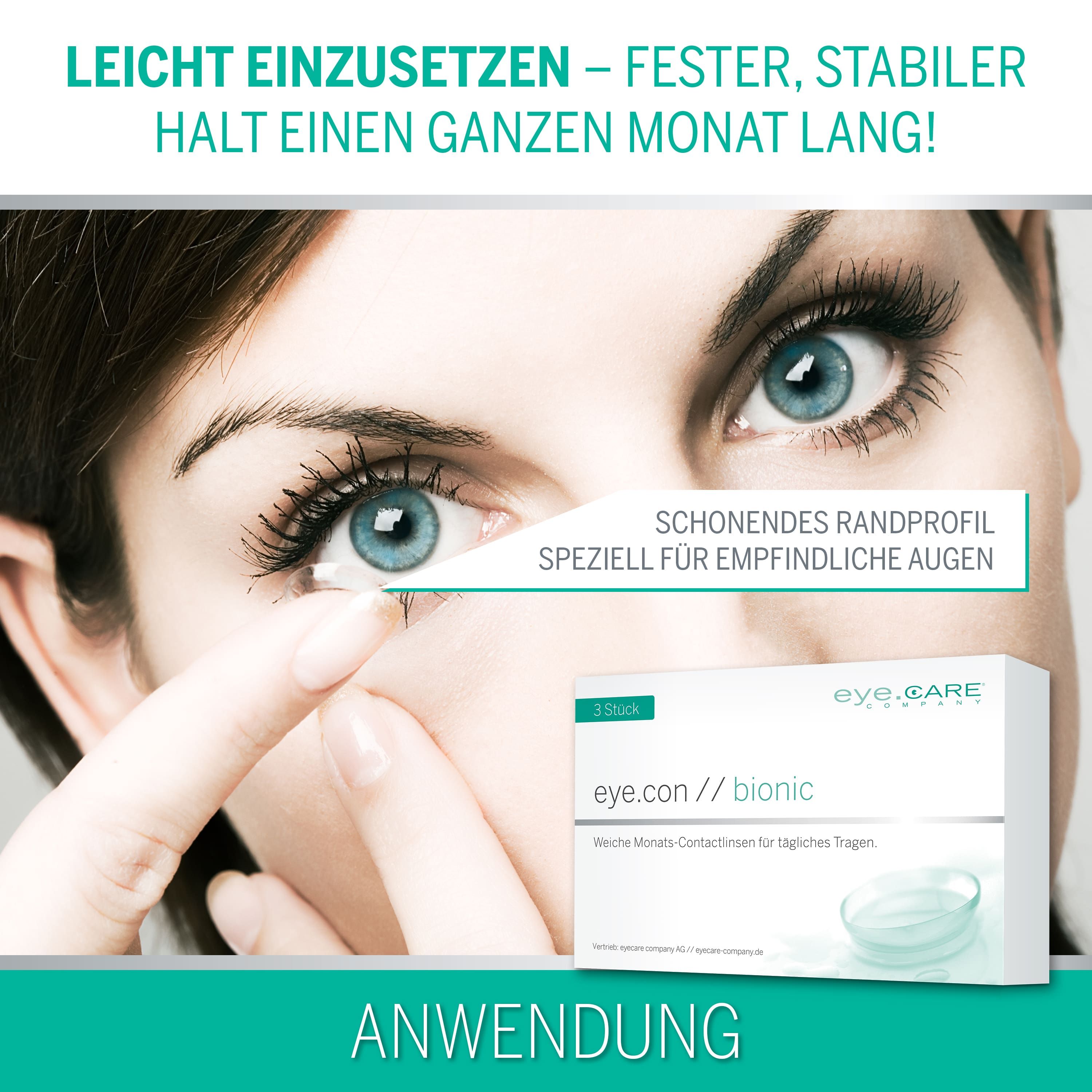 Frau setzt eye.con // bionic Monatslinse ein, sanftes Randprofil.