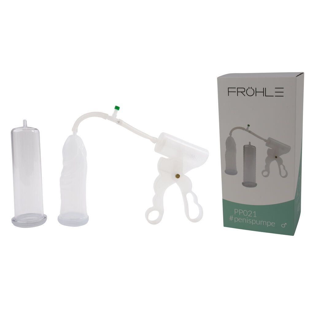 Penispumpen-Set mit Verpackung. Enthält Pumpe, Zylinder und Manschette. Verpackung mit Aufschrift FRÖHLE.