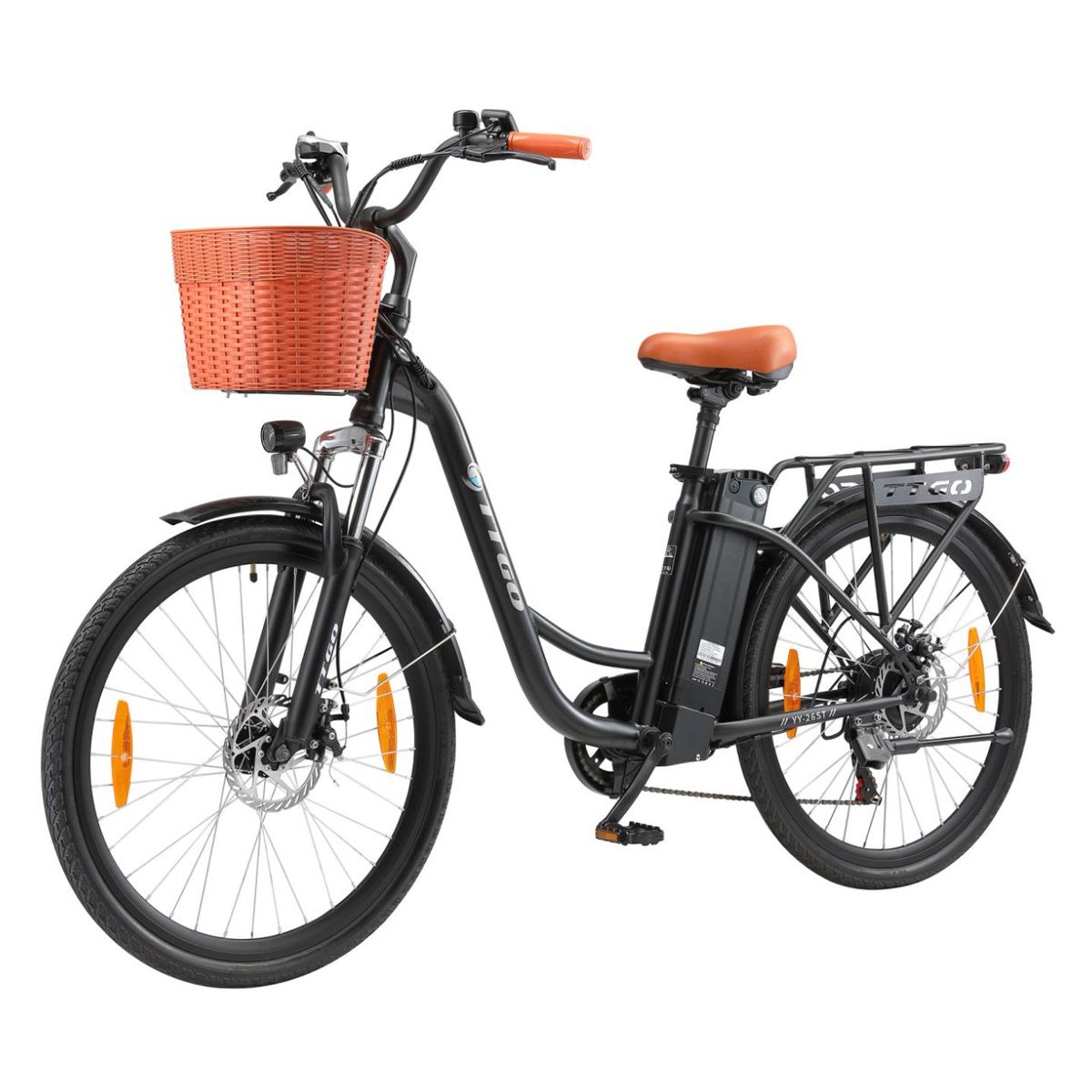 Schwarzes Elektrofahrrad mit Korb, braunem Sattel und orangefarbenen Griffen. TTGO-Logo am Rahmen.