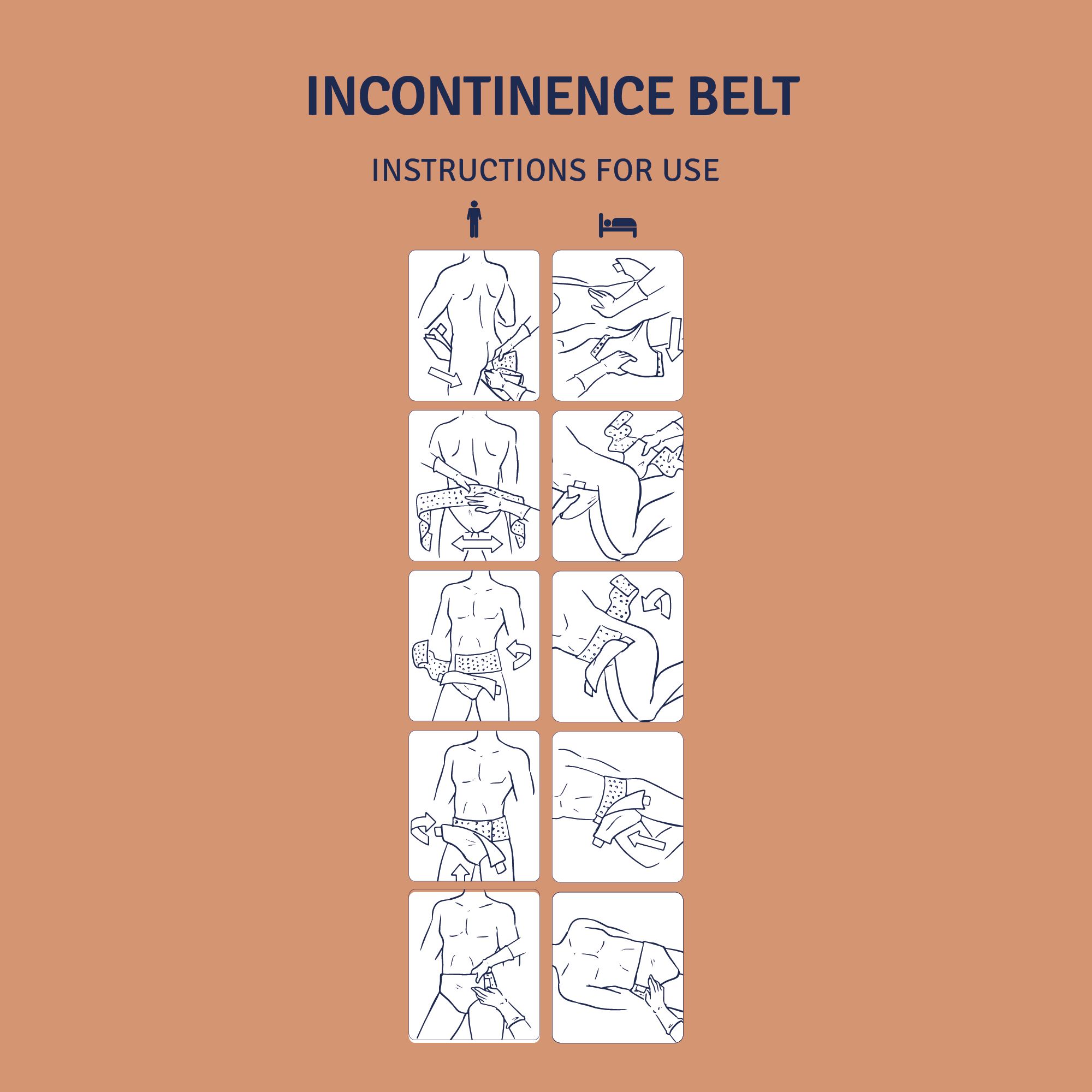 Instructies voor het gebruik van incontinentiebroekjes met heupband. Pictogrammen tonen de stappen.