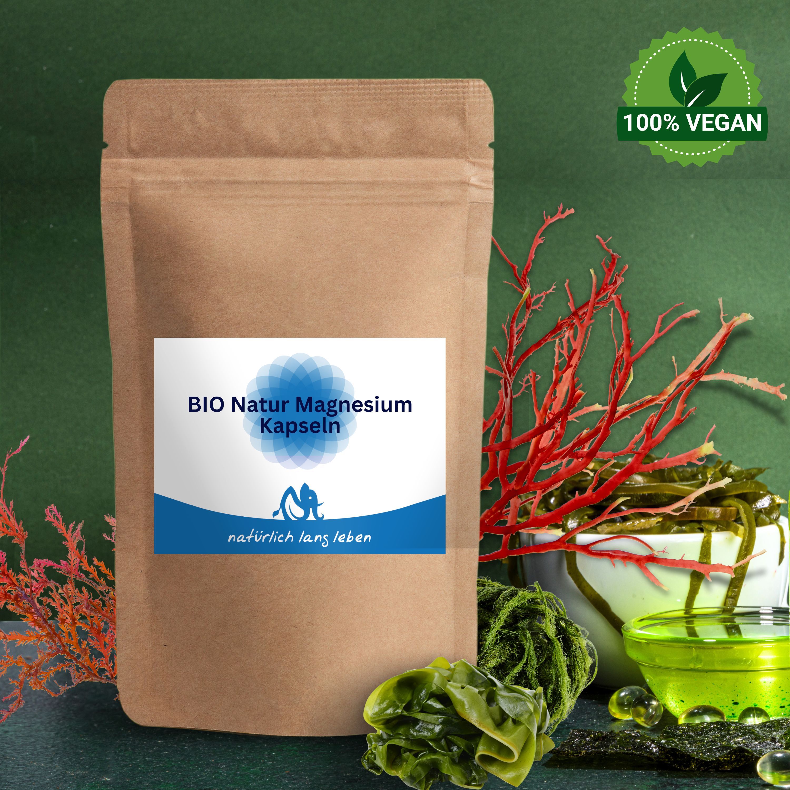 Braune Papierverpackung mit blau-weißem Etikett. Aufschrift: BIO Natur Magnesium Kapseln. Logo: Elefant. 100% Vegan-Siegel.