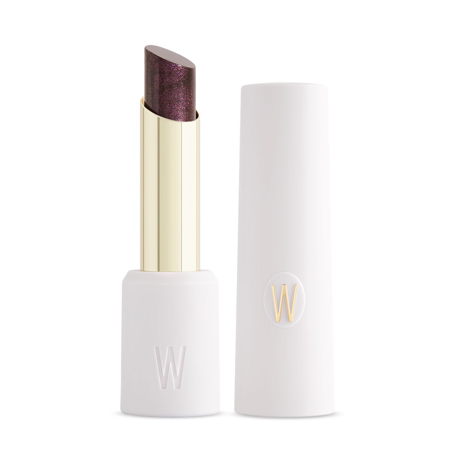 Rossetto con tubo aperto. Rossetto viola scuro, base dorata, tubo bianco con logo "W".