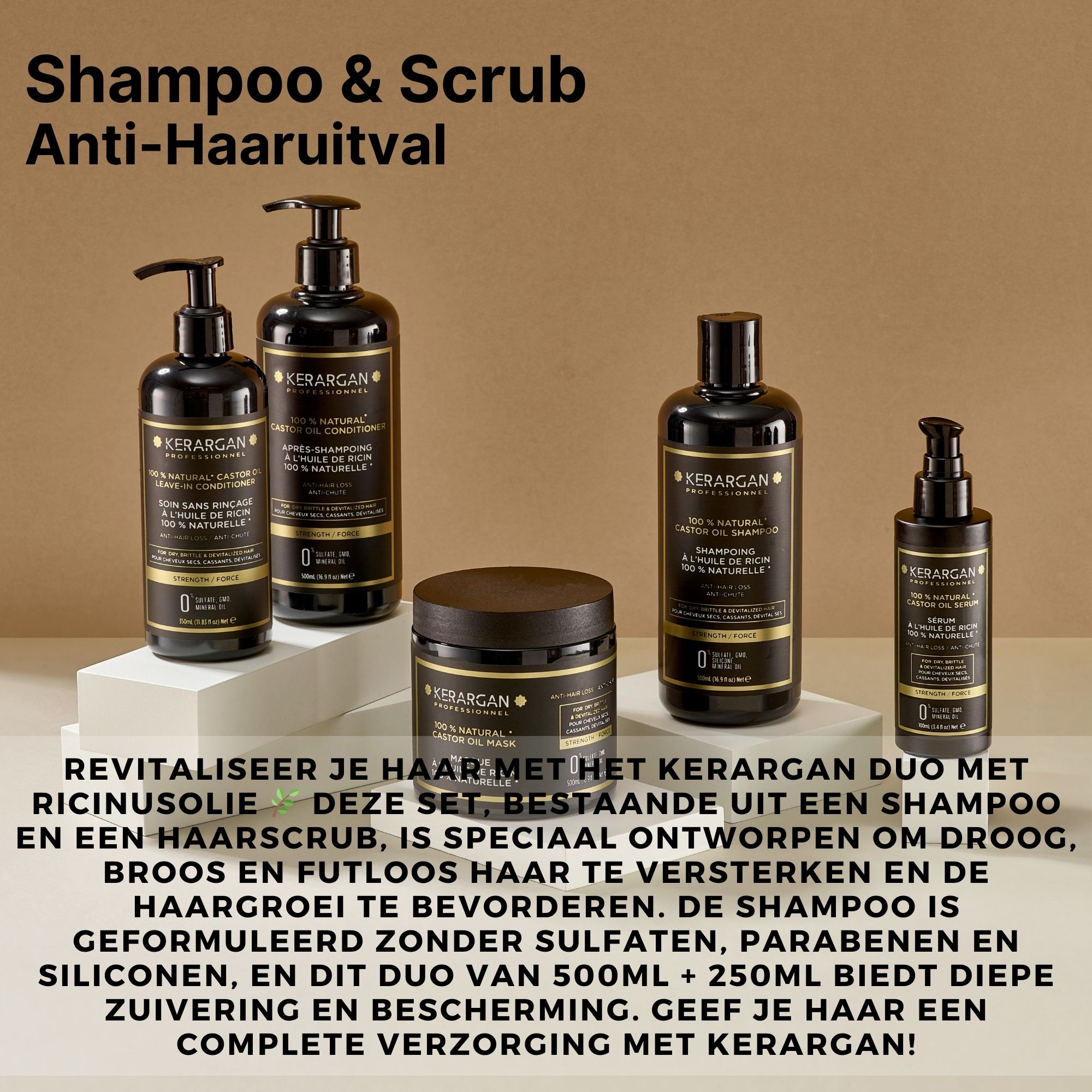 Verschillende Kerargan-producten op een tafel. Zwarte flessen en een pot. Tekst: Shampoo & Scrub Anti-Haaruitval.