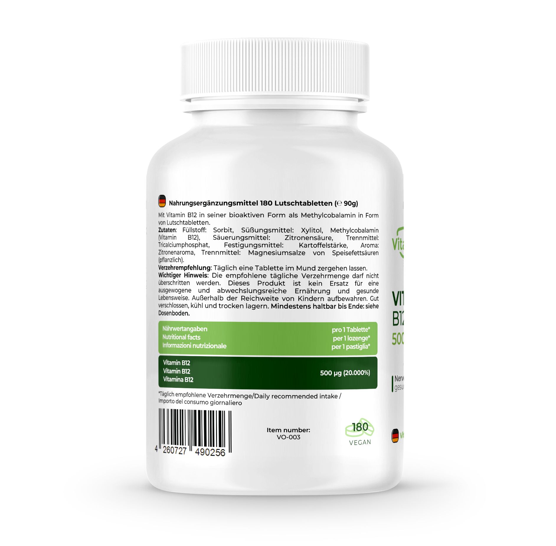 Rückseite einer weißen Flasche. Enthält Vitamin B12. Text in Deutsch und Italienisch. 180 Lutschtabletten. Vegan.