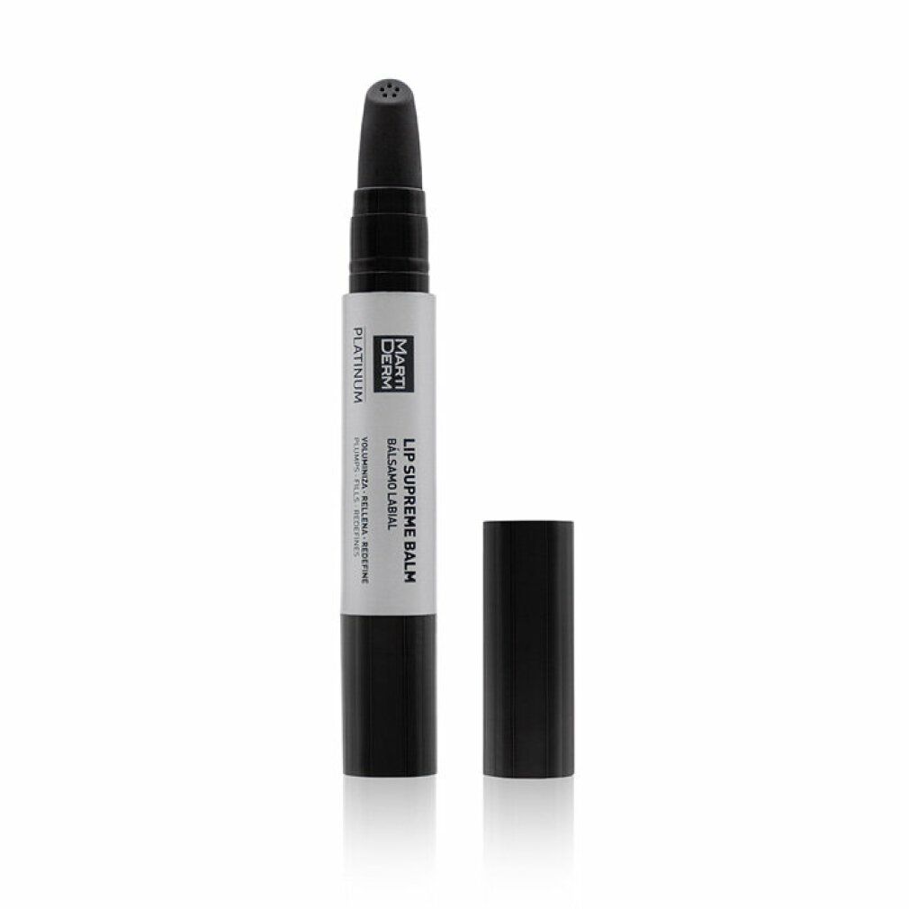 Schwarzer Lippenbalsam-Stift mit abgenommenem Deckel. Weißer Mittelteil mit Produktbezeichnung und Logo.