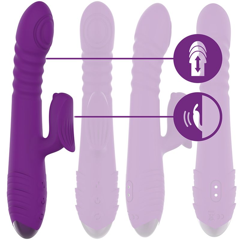 Lila Vibrator mit geriffelter Oberfläche und Griff. Illustrationen zeigen Funktionen: Vibration, Intensität, und Bedienung.