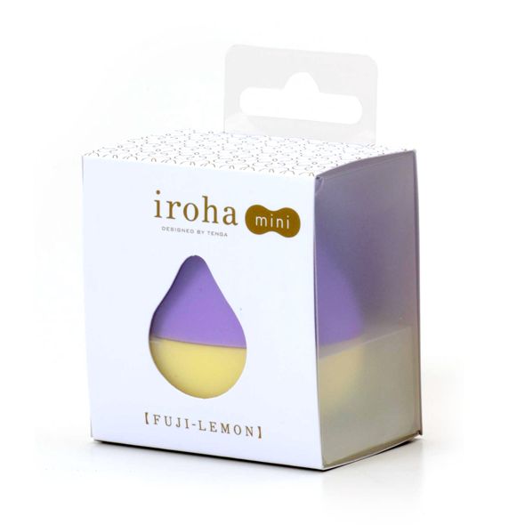 Verpackung mit Produkt. Weißer Karton mit Sichtfenster. Produkt in Form einer Tropfenform, lila/gelb. Aufdruck: iroha mini, FUJI-LEMON.