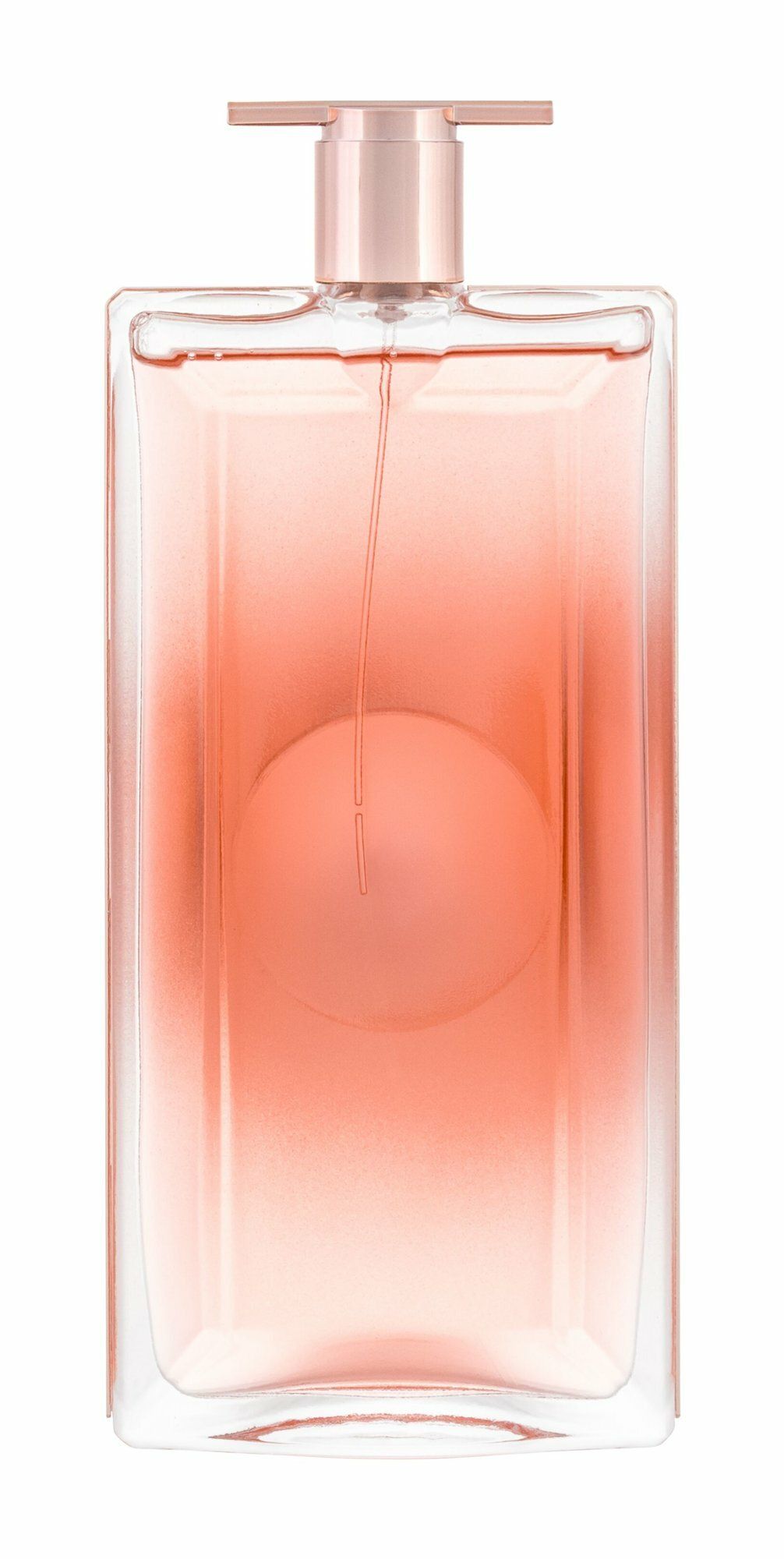 Rechteckiger Flakon mit rosa Flüssigkeit. Goldfarbener Sprühkopf. Lancôme Idôle Aura E.d.P. Vapo.