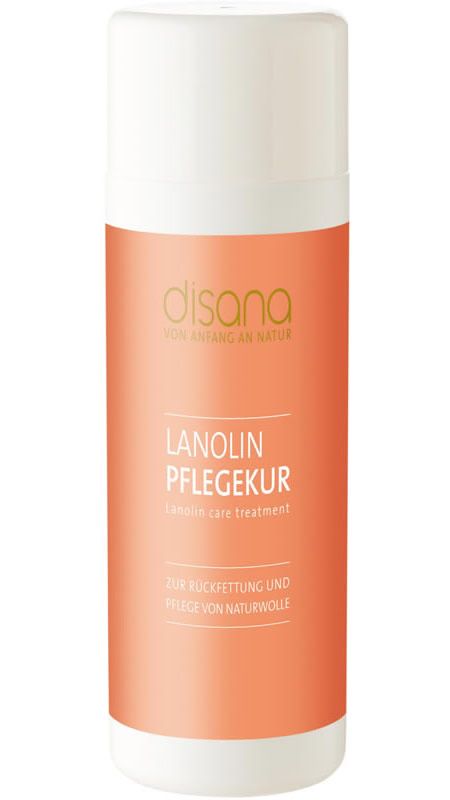 Zylindrische Flasche mit weißem Deckel und orangefarbenem Etikett. Aufschrift: Disana, Lanolin Pflegekur, Lanolin care treatment.
