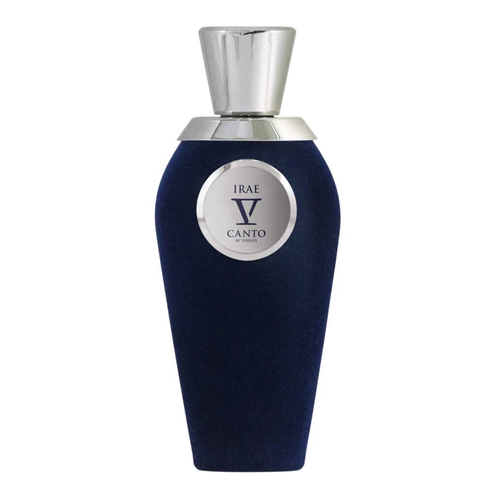 Dunkelblaue Parfumflasche. Silberner Verschluss, Label mit "V CANTO IRAE".