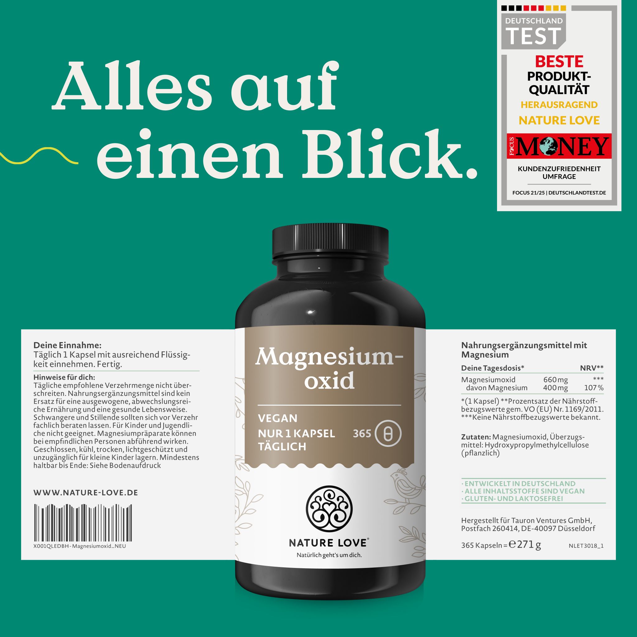 Flasche Magnesiumoxid-Kapseln mit Etikett, Text: Alles auf einen Blick. Beste Produkt-Qualität.