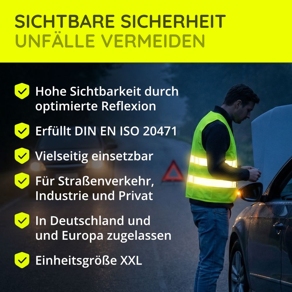 Mann mit neongelber Warnweste und leuchtenden Reflektoren am Auto.
