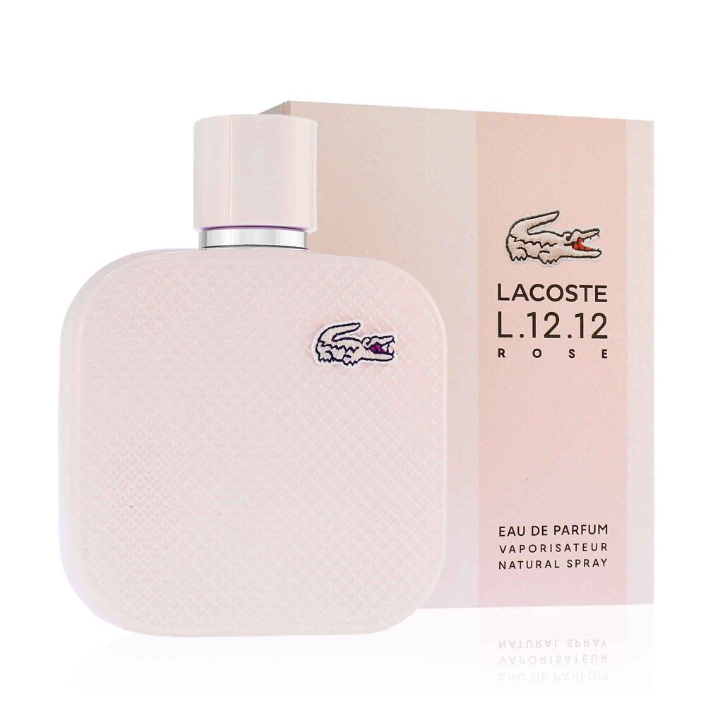 Rosa Lacoste L.12.12 Rose Eau de Parfum Flakon und Verpackung. Krokodil-Logo. Text: Eau de Parfum, Natural Spray.