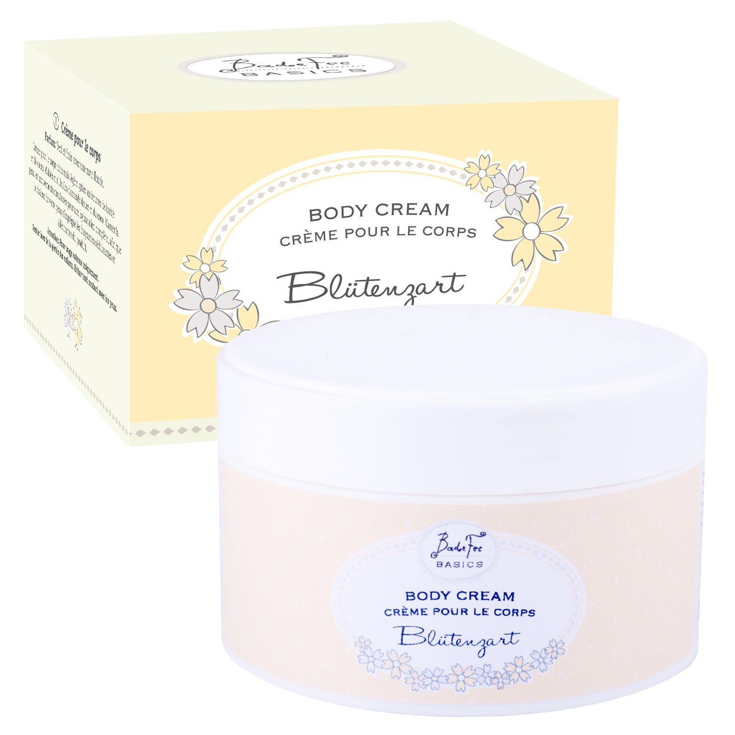 Creme-Tiegel und Karton. Aufschrift: Body Cream, Blütenzart. Blüten-Dekor. Weißer Deckel, rosa Etikett.