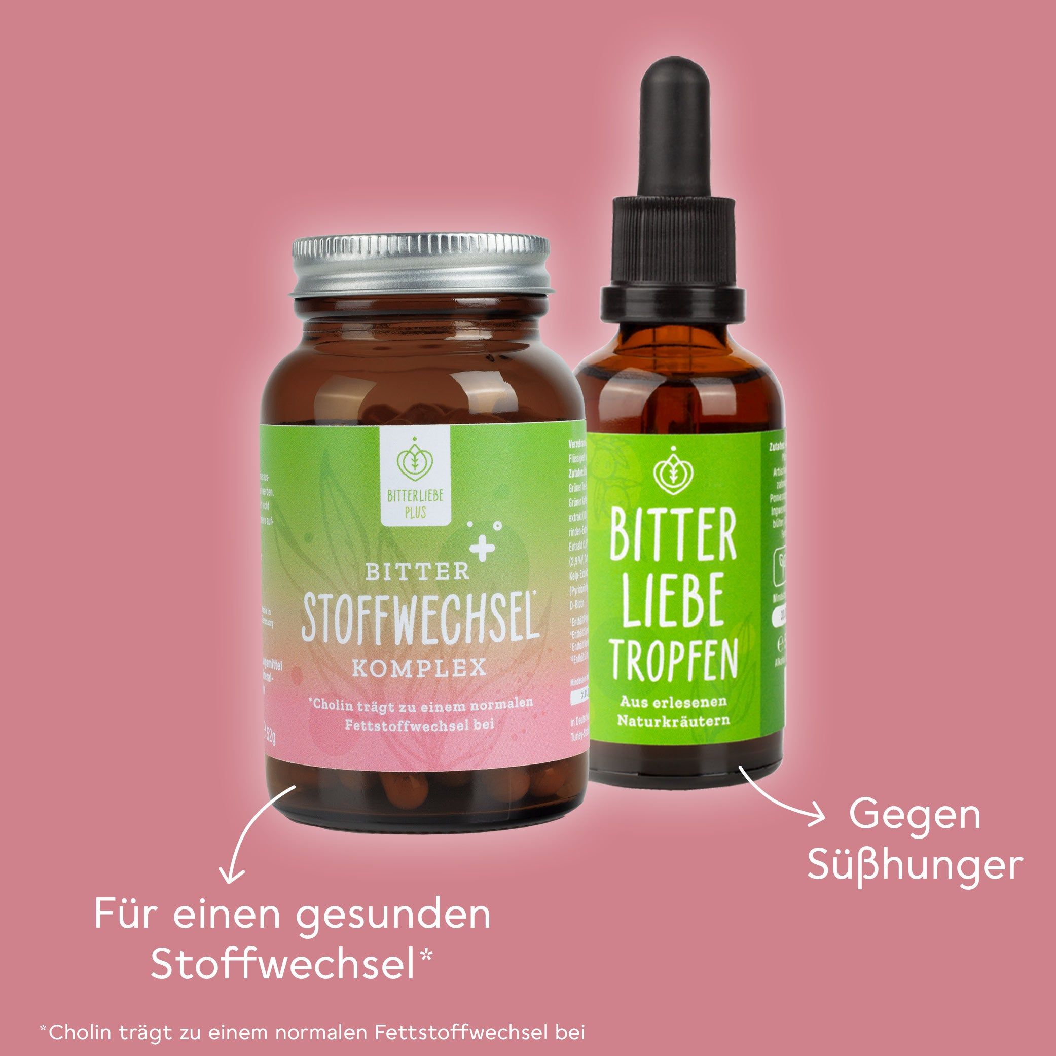 Zwei Flaschen: eine mit Tropfer und eine mit Kapseln. Beide mit grünen Etiketten. Text: Für einen gesunden Stoffwechsel.