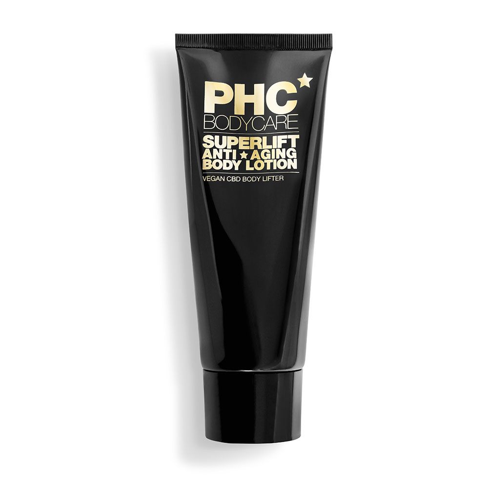 Schwarze Tube mit goldfarbenem Aufdruck. Text: PHC Bodycare, Superlift Anti-Aging Body Lotion. Vegan CBD Body Lifter.
