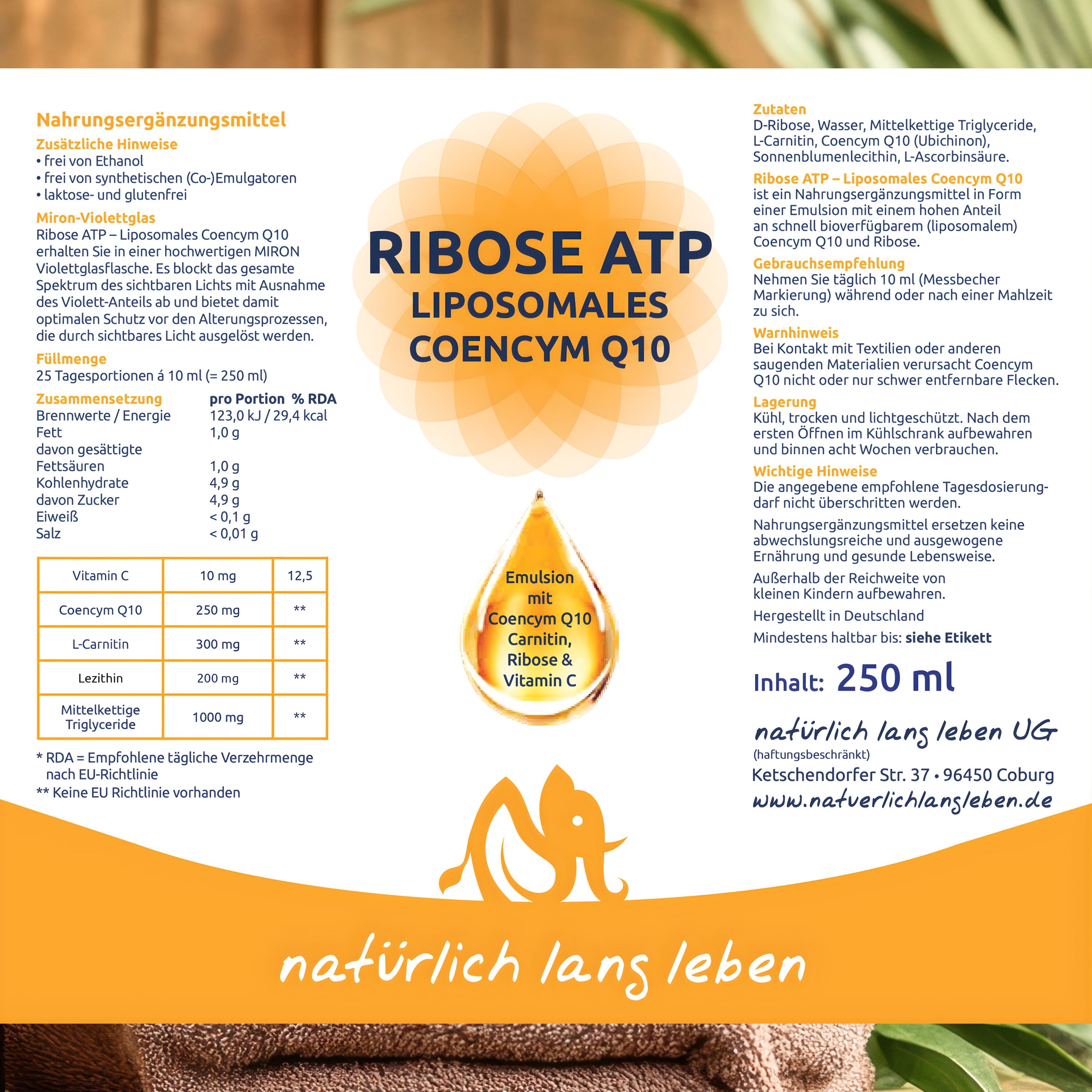 natürlich lang leben Liposomales Coenzym Q10 - Ribose ATP