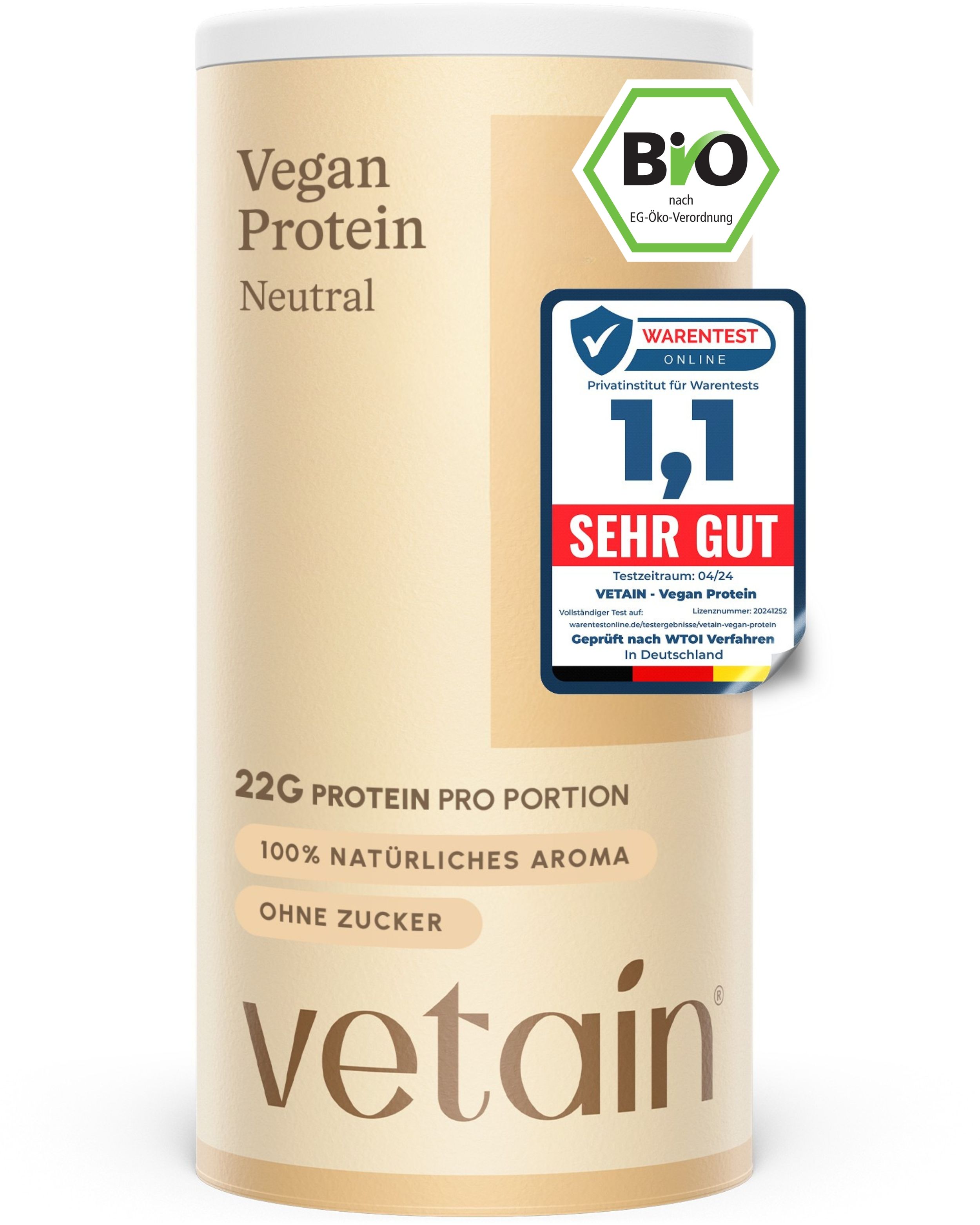 VETAIN Vegan Protein Neutral Dose mit Bio-Siegel und Auszeichnung 'Sehr Gut'. 22g Protein pro Portion.