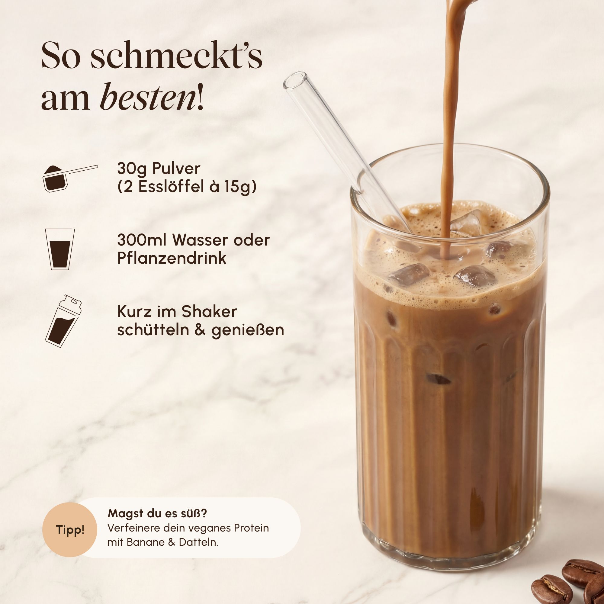 Zubereitung von Vetain Vegan Protein Iced Coffee mit Wasser oder Pflanzendrink.