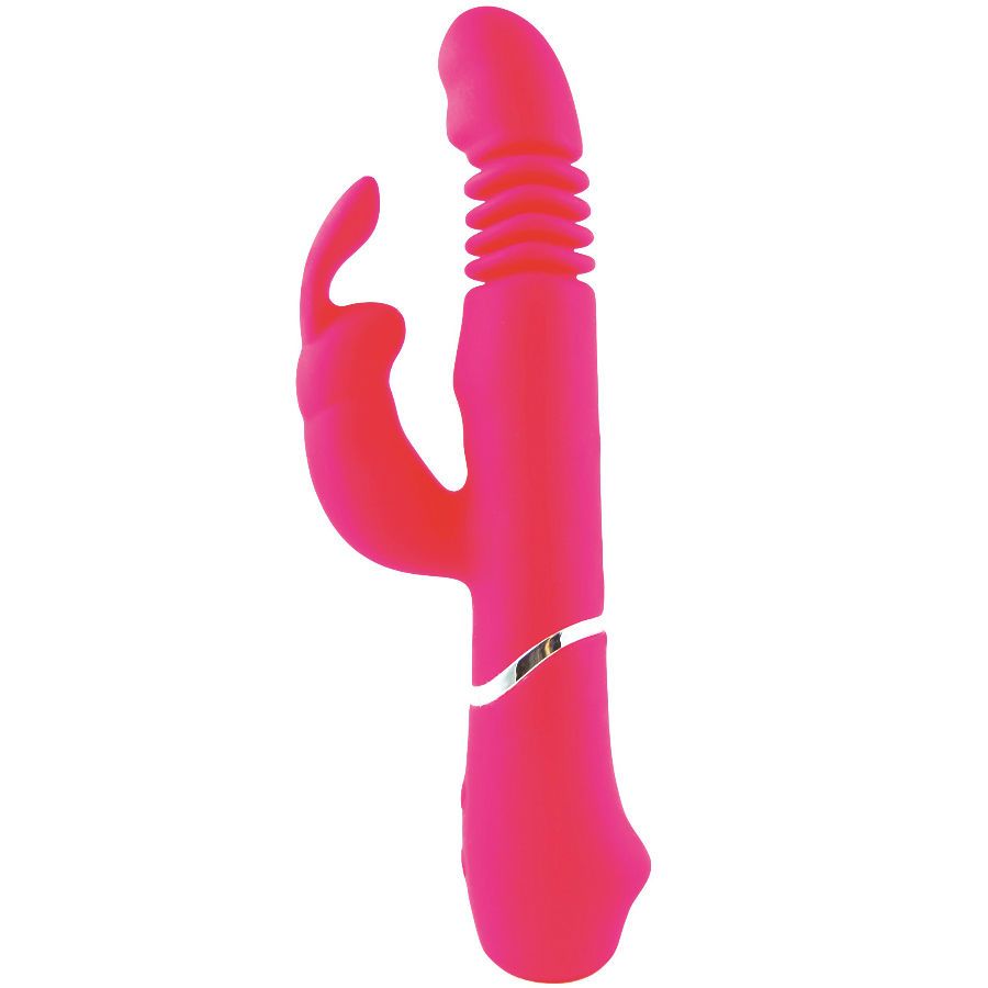 Rosa Vibrator mit geriffelter Spitze und Hasenohren-Design. Silberfarbener Akzent am Griff.
