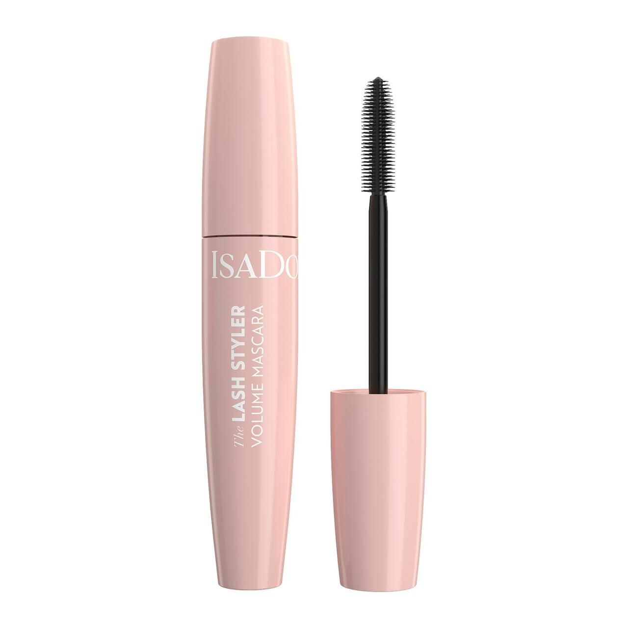 Rosa Mascara-Tube und schwarze Bürste. Text: IsaDora, The Lash Styler Volume Mascara.
