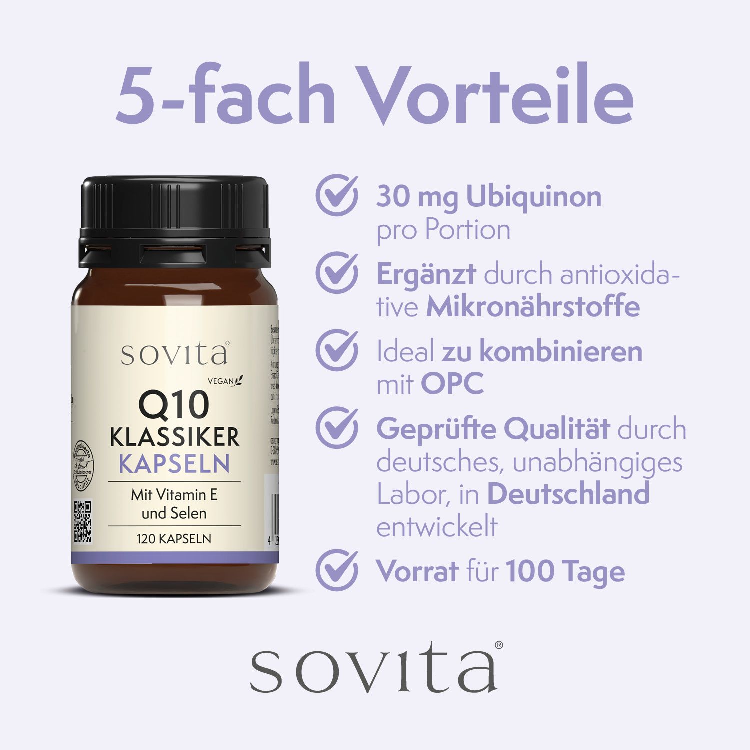 Braune Glasflasche mit schwarzen Deckel. Aufkleber mit Produktinformationen. Text: Q10 Klassiker Kapseln, 120 Kapseln. Vegan.