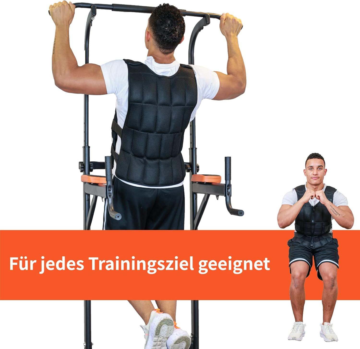 Mann trainiert mit Gewichtsweste an einer Klimmzugstange und beim Kniebeugen. Geeignet für jedes Trainingsziel.