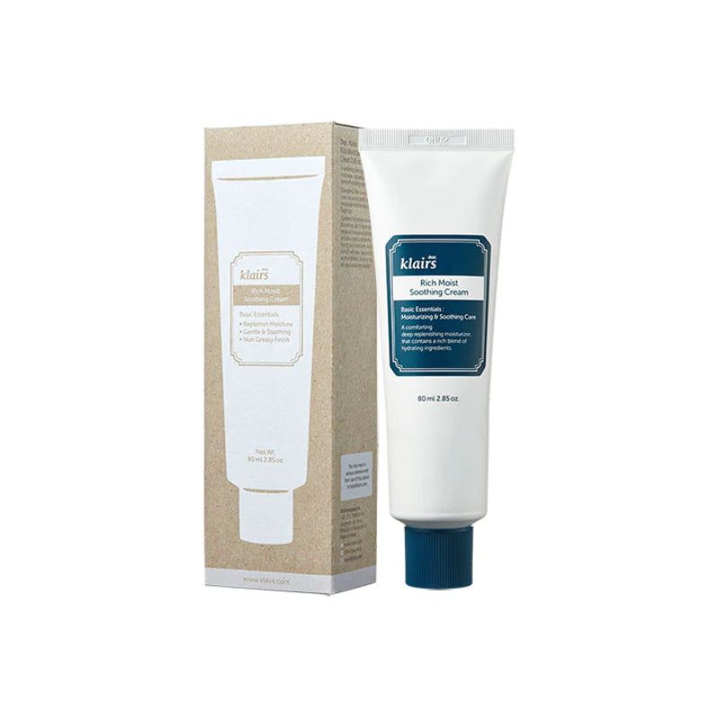 Weiße Tube mit blauem Verschluss und Karton. Aufschrift: Klairs Rich Moist Soothing Cream.