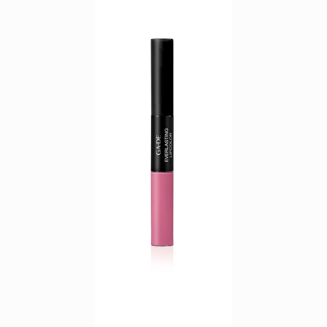 Doppel-Lippenstift mit schwarzem Deckel und rosa Unterteil. Aufschrift: GA-DE Everlasting Lipcolor.